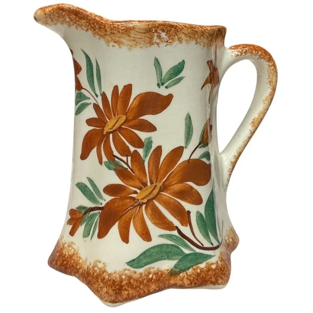 Vintage Cash Family Hand Painted Ceramic Pottery‎ Off White Brown Floral Pitcher